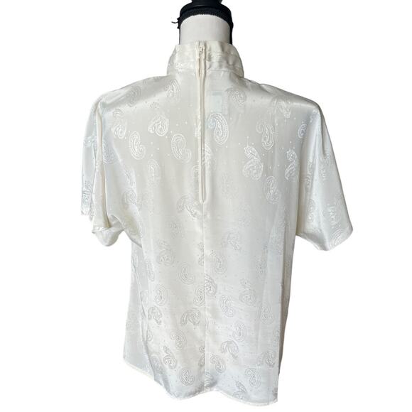Vintage Cream Satin High Neck Pleated Paisley Print Blouse Size Medium - Picture 5 of 9